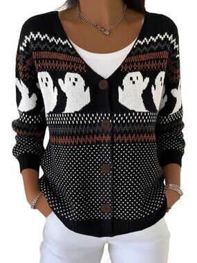 Women's Black Fall Winter Funny Graphic Knit Button Front Cardigan Sweaters